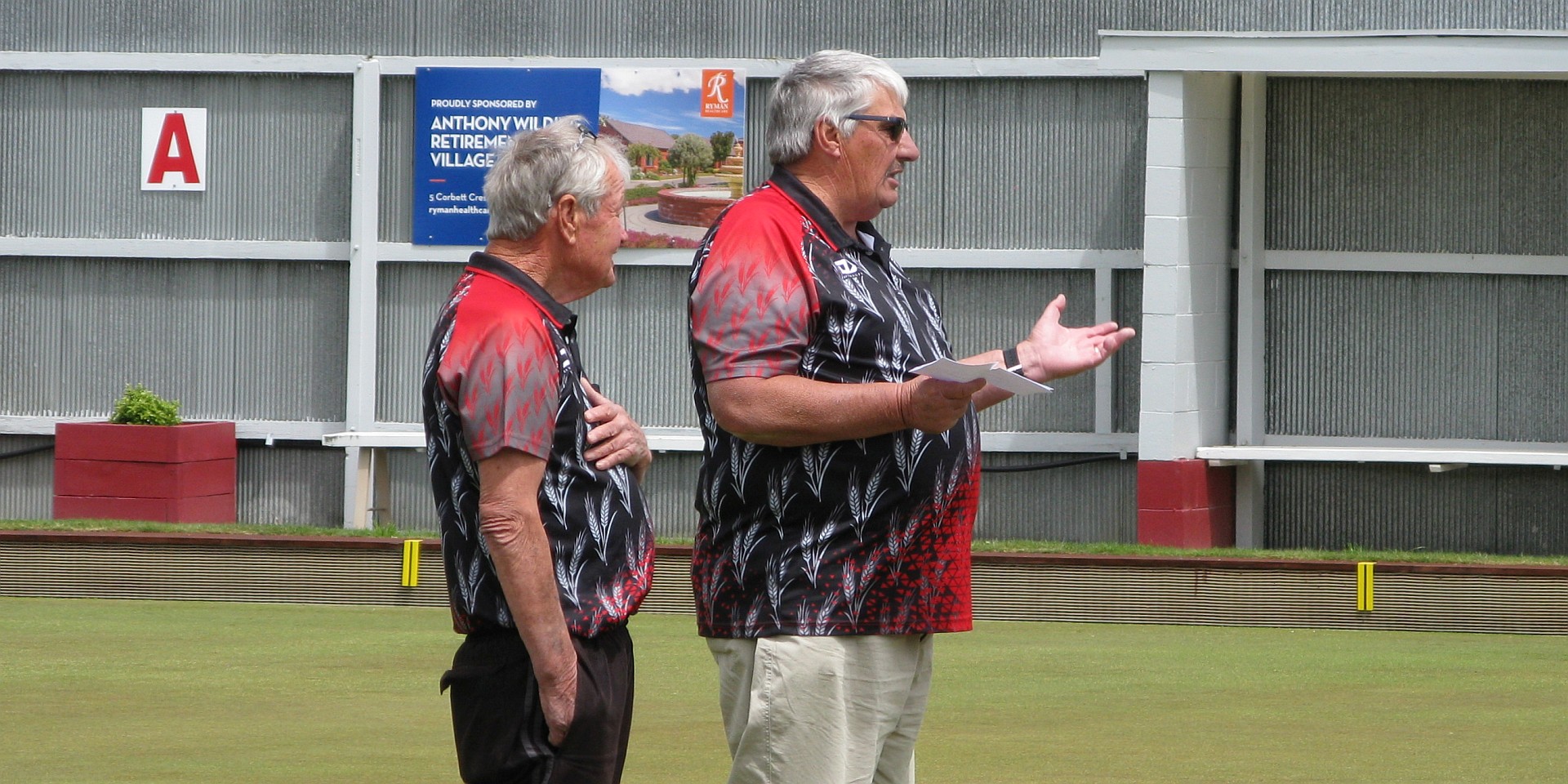 Paul lee and Mark Sheehan welcome the bowlers to the Open Wednesday Fours Tournament - 17 November 2021