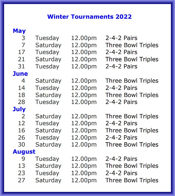 Winter Tournaments Schedule 2022